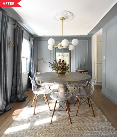 Dining Room Design With Wallpaper, Sw Debonair, Blue Dining Room Walls, Curtains Dining Room, 2023 Decor, Dining Room Inspo, Dining Room Paint, Dining Room Blue, Grey Dining Room