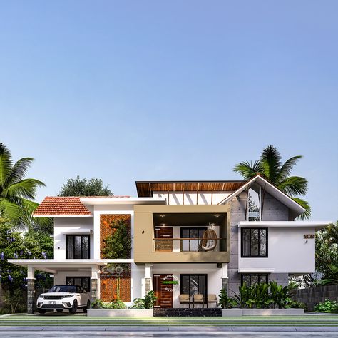 Modern Mixed Roof House Design: Blend of Styles and Functionality Kerala Roof Design, Mixed Roof House Design, Kerala Style House, Roof House Design, Detached Garage Designs, Roofing Styles, Exterior Home Renovation, House Structure Design, House Structure