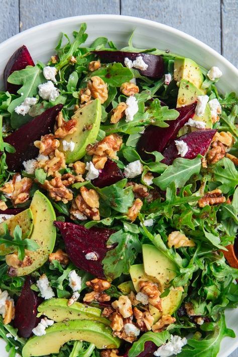 Beet Avocado Salad — Delish.com Moroccan Carrot Salad, Pear Salad Recipes, Winter Salad Recipes, Winter Veggies, Beet Salad Recipes, Healthy Lunch Snacks, Avocado Salad Recipes, Beet Recipes, Fennel Salad