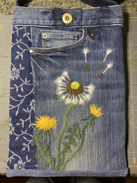 Needle Felting On Denim, Felted Dandelion, Waldorf Crown, Jean Bag, Upcycled Bag, Performance Costume, Jean Crafts, Wet Felt, Upcycle Jeans