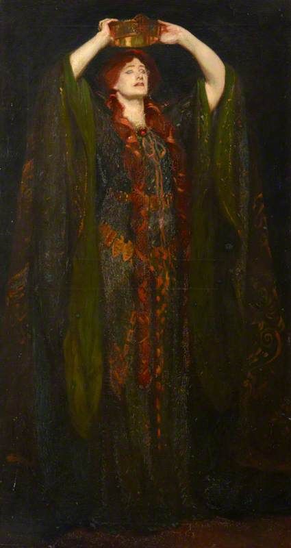 John Singer Sargent (USA, 1856-1925) - Dame Ellen Terry, as Lady Macbeth in William Shakespeare's 'Macbeth'  - oil on canvas - National Trust, Smallhythe, Place Tenterden, UK Macbeth Costumes, Tudor Aesthetic, Siobhan Roy, Ellen Terry, Frederick Leighton, Shakespeare Characters, Aberdeen Art Gallery, Shakespeare Macbeth, Lady Macbeth