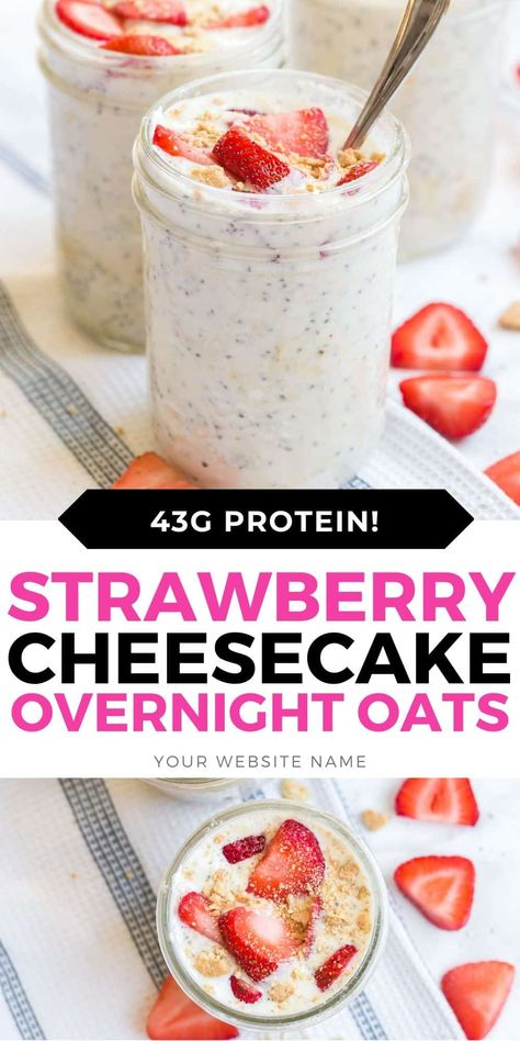 Strawberry Cheesecake Overnight Oats (High Protein Recipe) 1 Overnight Oats High Protein, Strawberry Cheesecake Overnight Oats, Cheesecake Overnight Oats, Overnight Oats Recipe Easy, Best Overnight Oats Recipe, Strawberry Overnight Oats, Oat Recipes, Protein Overnight Oats, Oat Recipes Healthy