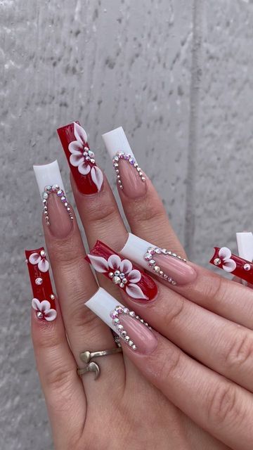 Birthday Nails Red And White, White N Red Nails, Red And White Acrylics, Red And White Nails Ideas, Nail Ideas Red And White, Red And White Nails Acrylic, White And Red Nails Ideas, Red Blue Nails, Red And White Nail Designs