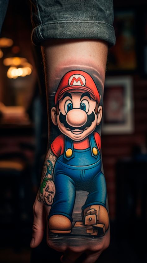 Mario Tattoo Sleeve, Super Mario Bros Tattoo Ideas, Super Mario Bros Tattoos, Video Game Tattoo Sleeve, Bowser Tattoo, Mario Tattoo Ideas, Video Game Tattoo Ideas, Game Tattoo Ideas, Tato Realis