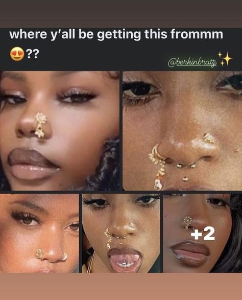 Percinings Ideas Black Women, Face Piercings Black Women, 2 Nose Piercings On Each Side, Cute Nose Piercings, Piercing Inspo, Cool Ear Piercings, Pretty Ear Piercings, Hilarious Pictures, Face Piercings