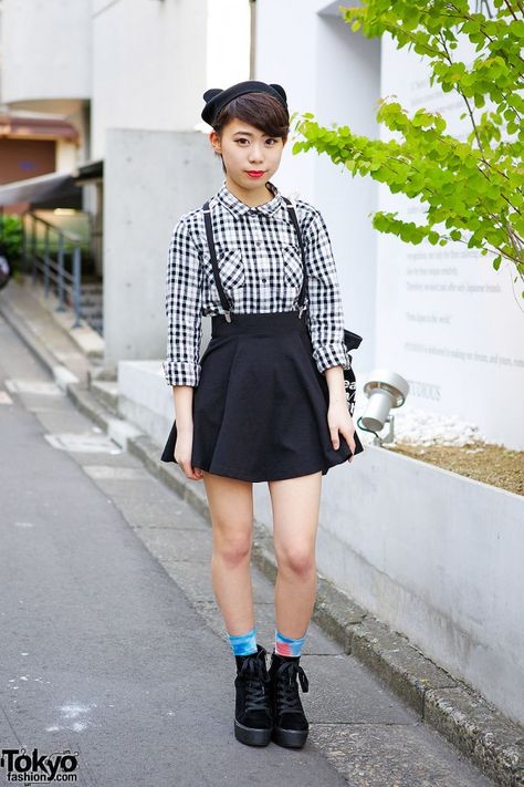 Cat Ears Beanie w/ Vanquish Top, Suspender Skirt & Booties in Harajuku Skirt Booties, Cat Ears Beanie, Harajuku Fashion Street, Tokyo Street Style, Street Snap, Gingham Shirt, Suspender Skirt, Tokyo Fashion, Japanese Street Fashion