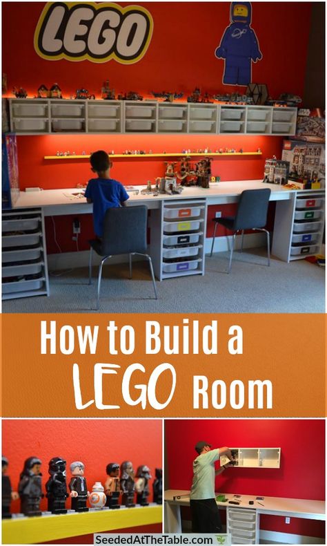 Our LEGO room is our favorite room in our house right now.  It has perfect LEGO storage and awesome LEGO decals.  Read for how to build a LEGO room! Cool Lego Room Ideas, Big Boy Lego Room, Lego Creation Storage Ideas, Lego Storage Furniture, Clever Lego Storage Ideas, Attic Lego Room, Lego Toy Room, Basement Lego Area, Lego Area Ideas