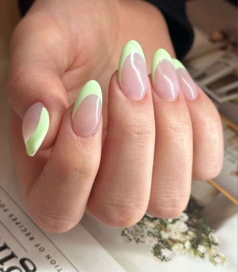 Pale Green French Tips, Pastel Green Tip Nails, Mint Green French Nails, Light Green French Nails, Green Almond French Tip Nails, Pastel Green French Tip, Light Green Nails Short, Light Green Almond Nails, Light Green French Tip