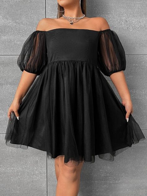 SHEIN MOD Plus Puff Sleeve Mesh Dress | SHEIN USA Plus Size Gala Dress, Reception Dress Long, Graduation Dress Plus Size, Plus Size Short Dresses, Elegant Red Dress, Big Girl Dresses, Plus Size Black Dresses, Puffy Dresses, Dress Party Night