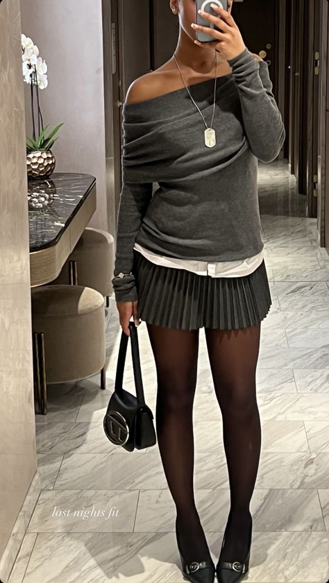 Trench Skirt Outfit, Senior Dinner Outfit, Sweaters And Skirts Outfit, Grey Skirt Outfit Black Women, Lofar Shoes Outfit, Pleaded Skirt Outfits Black Women, Grey Outfits For Black Women, Sweater And Skirt Outfit Autumn, Sweater Dress Outfit Black Women