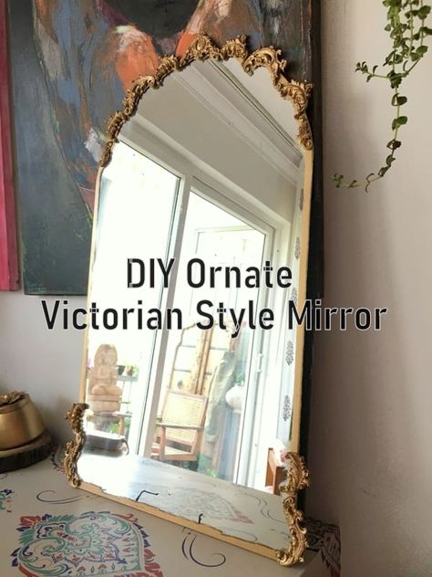 Diy Gilded Frame, Narrow Mirror Decor, Diy Victorian Picture Frame, Ornate Mirror Diy, Victorian Homes Aesthetic Interior, Diy Goth Mirror Frame, Diy Vintage Mirror Frame Ideas, Diy Victorian Mirror, Diy Gothic Mirror Frame