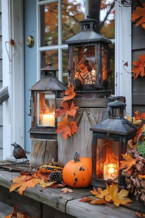 Autumn Esthetics, Fall Decorating Inspiration, Fall Lantern Decor, Haunted Trail, Fall Scenes, Outdoor Fall Decor Ideas, Fall Lanterns, Fall Front Porch Decor Ideas, Front Porch Decor Ideas