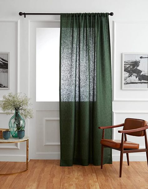 Amazon.com: Solino Home 100% Linen Curtain 52 x 96 Inch – Lightweight Rod Pocket Forest Green Curtain, 100% Pure Natural Fabric Window Panel – Handcrafted from European Flax : Home & Kitchen Grey Linen Curtains, Linen Curtains Kitchen, White Linen Curtains, Linen Curtain, Striped Curtains, Sheer Curtain Panels, Green Curtains, Home Curtains, Rod Pocket Curtains