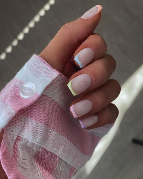 Pastel Colour Gel Nail Ideas, Milky Pastel Nails, Pastel Colour Nails, Nail Ideas Milky White, Milky French Nails, Pastel French Nails, Fence Nails, Pastel Color Nails, Lime Nails