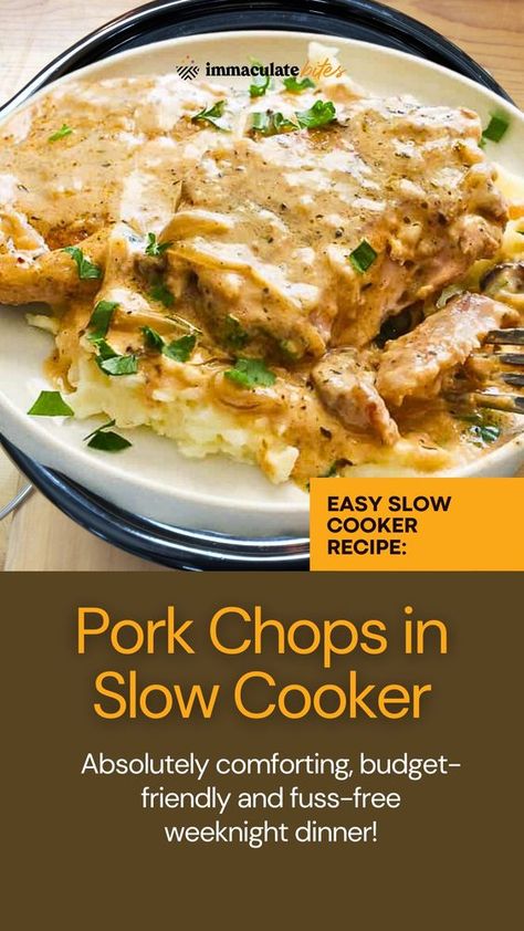 Slow Cooker Pork Chops - Juicy, tender chops in creamy mushroom gravy. Comforting, budget-friendly, fuss-free weeknight dinner! 🍽️ Pork Crock Pot Recipes, Crock Pot Smothered Pork Chops, Pork Crock Pot, Creamy Pork Chops, Pork Crock, Smothered Pork Chops Recipe, Pork Crockpot Recipes, Pork Chop Recipes Crockpot, Smothered Pork