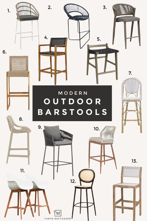 Modern Outdoor Barstools - Taryn Whiteaker Designs Outdoor Barstool Ideas, Modern Transitional Dining Room, Modern Rustic Dining Table, Outdoor Barstools, Transitional Dining Room, Outdoor Patio Bar, Outdoor Kitchen Bars, Patio Bar Stools, Outdoor Entertaining Spaces