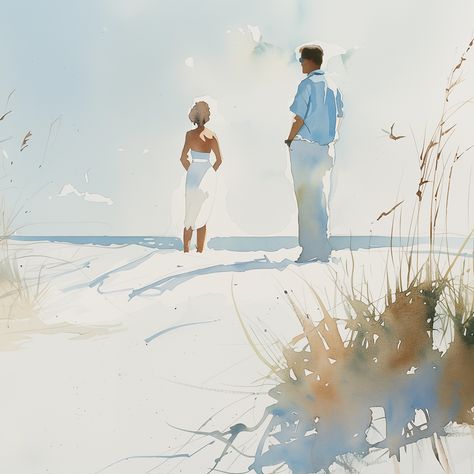 Immerse yourself in the tranquil beauty of our watercolour painting. This piece features a woman standing on a beach with her back to a man who is looking at her, evoking a sense of curiosity and contemplation. Painted in muted pastel colours, the wide shot captures the serene scene of sand dunes under a clear sky, bringing a calm and thoughtful atmosphere to any space. Add this captivating artwork to your collection and let its serene charm transform your home. #Art #Watercolour #BeachScene ... Beach Art Painting Watercolour, Minimal Watercolor Painting, Portrait Painting Tutorial, Beach Art Painting, Minimalist Watercolor, Art Watercolour, Watercolour Inspiration, Loose Watercolor, Beach Watercolor