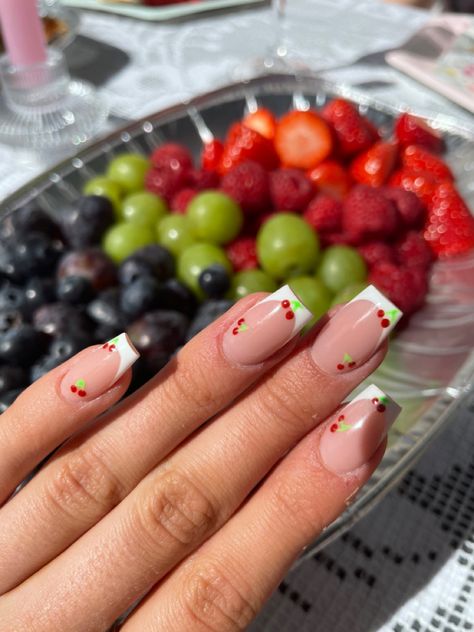 Summer Nails With Cherries, White French Tip Summer Nails, Summer Nails Cherries, Cherry French Tip Nails Square, White French Tip Nails With Cherries, Cherry Coffin Nails, Harry Styles Acrylic Nails, Cherry Acrylics, French Tip Nails With Cherries