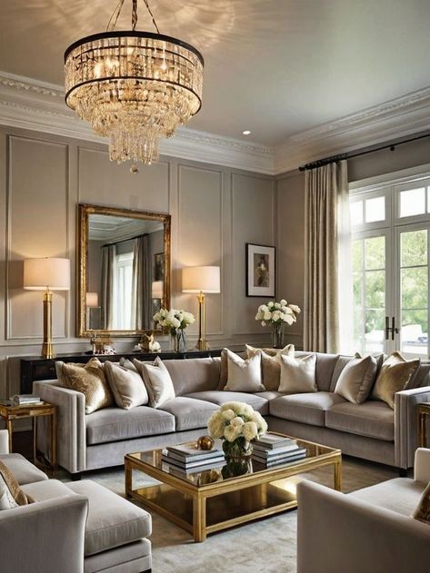 Elegance: Create a luxurious and timeless living room with a neutral color palette of soft grays and creamy whites Adorn the walls with oversized mirrors framed in ornate gold, reflecting natural light and adding depth to the space Oversized Mirrors, Timeless Living Room, Velvet Sofa, Neutral Colour Palette, Seating Arrangements, Neutral Color, Chic Decor, Mirror Frames, Crystal Chandelier