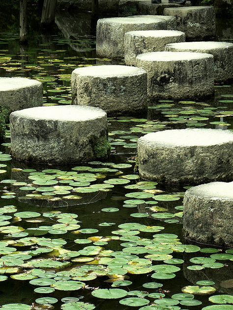 Stepping-stones, Heian Jingu, Kyoto, photo by Soemmia.  I love this Japanese pond garden! So peaceful.  I can't wait to go back! Stepping Stone Pathway, Stone Paths, Stepping Stone Paths, Black Cauldron, Pocket Garden, Japanese Zen Garden, Stone Pillars, Garden Stepping Stones, Asian Garden