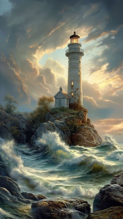 Fantasy Lighthouse Concept Art, Light House, Painting Of A Lighthouse, Lighthouse Fantasy Art, Ocean Lighthouse Painting, Lighthouse Drawing, Ocean Landscape Painting, Ocean Art Painting, Sunset Canvas Painting