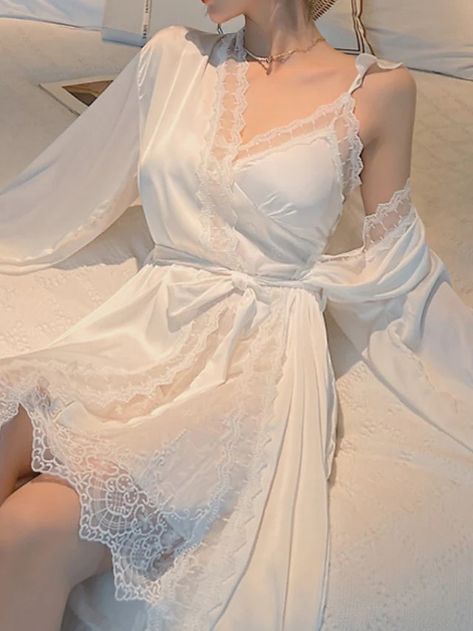 White Silk Pajamas Aesthetic, Silk Night Gowns For Women, Luxury Night Dress, White Night Gown Aesthetic, Nightgowns For Women Honeymoon, Silk Sleepwear Aesthetic, Nightgowns Aesthetic, Korean Night Dress, Silk Nightgown Aesthetic