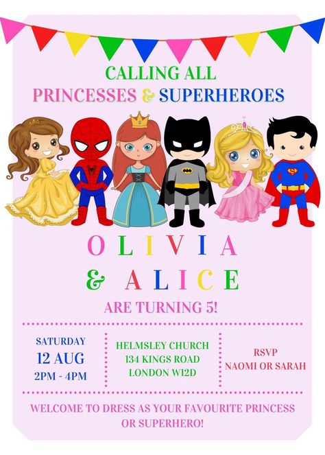 Pink Princesses Superheroes Birthday Party Invitation Princess Superhero Theme Party Personalized Invite Colorful Princess Superhero Invite - Etsy Superhero Invite, Shared Birthday Parties, Superheroes Birthday Party, Double Birthday Parties, Sibling Birthday Parties, Combined Birthday Parties, Superhero Invitations, Twin Birthday Parties, Superhero Theme Party