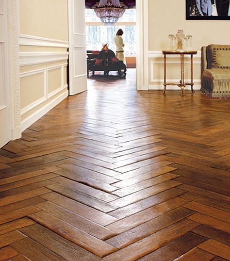 These patterned wooden floors are from exquisite surfaces and are made using reclaimed antique French oak wood Herringbone Wood Floor, Herringbone Wood, Flooring Inspiration, Herringbone Floor, Kitchen Farmhouse, Design Sponge, French Oak, French House, Style At Home