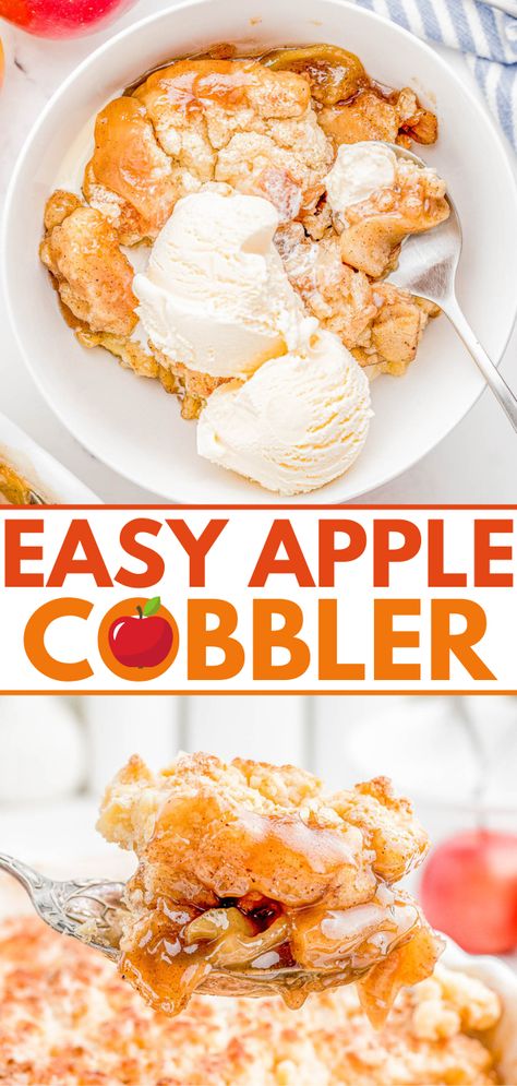 Easy Apple Cobbler — A spiced apple filling is topped with a sweet biscuit topping before being baked to golden brown and bubbly perfection! Apple cobbler is such an EASY dessert to make and tastes even better when drizzled with caramel sauce and served with a scoop of ice cream! Apple Deserts Easy Simple, Best Homemade Apple Pie, Homemade Apple Cobbler, Easy Apple Cobbler, Apple Cobbler Easy, Apple Crumble Pie, Averie Cooks, Pie Crumble, Apple Cobbler