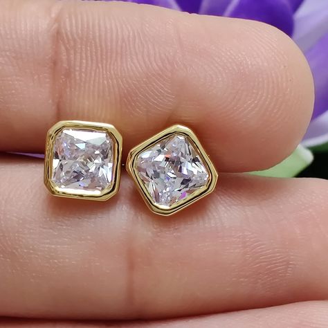 6MM Each Square Radiant Moissanite Bezel Set Stud Earrings, 14k Gold Solitaire Bezel Set Push Back Earrings For Her, Wedding Gold Earrings Radiant Moissanite, Bezel Earrings, Antique Wedding, Solitaire Studs, Moissanite Earrings, Radiant Cut, Modern Earrings, Dainty Earrings, Minimalist Earrings