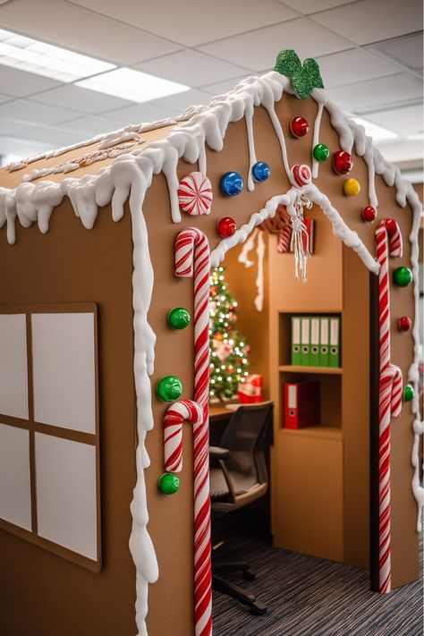 Office Christmas Gingerbread Decor, Cubicle Gingerbread House Office Decor, Ginger Bread Office Decor, Gingerbread House Cubicle Ideas, Gingerbread Cubical Decorations, Gingerbread Office Decorating Ideas, Gingerbread Christmas Office Decor, Christmas Decorating Contest Ideas, Gingerbread Decorations For School