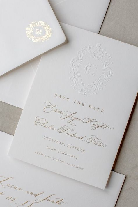 Embossed crest wedding stationery Gold Envelope Wedding Invitation, Classy Wedding Invitations Gold, Old Money Wedding Invitations, Wedding Invite Inspiration, Elegant Wedding Invitations Classy, Classic Save The Date, Classic Wedding Invitations Elegant, Pearl Wedding Invitations, Letterpress Wedding Stationery