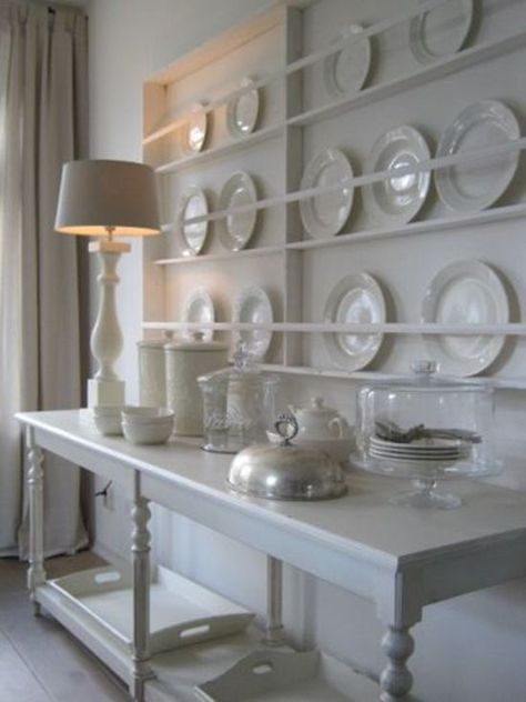 Shallow plate storage for a big, statement wall.  Same idea for use as picture ledges. Plate Rack Wall, Swedish Interiors, Plate Shelves, Plate Storage, Plate Rack, White Dining Room, Inspiration Kitchen, Plate Racks, Shabby Chic Kitchen