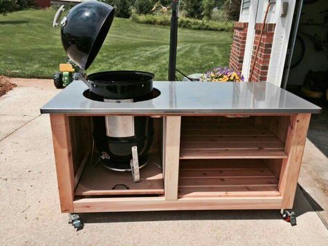 Weber WSM Smoker enclosure...great idea. Going to extend this ... Smoker Table, Weber Smoker, Mid Century Yard, Weber Grill Table, Bbq Weber, Big Green Egg Table, Backyard Improvements, Custom Bbq Pits, Weber Kettle