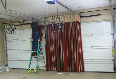 Basement Garage Conversion Living Spaces, Curtains For Garage Door, Garage Chill Space Ideas, Garage Door Curtains, Garage Door Covering Ideas Inside, Curtains In Garage Storage Ideas, Turn Garage Into Bedroom, Homeschool Layout, Garage Curtains