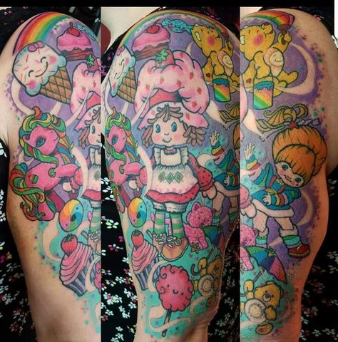 Cupcake Sleeve Tattoo, Rainbow Brite Tattoo Ideas, 80s Cartoon Tattoos Sleeve, 80s Sleeve Tattoo, Rainbow Bright Tattoo, Strawberry Shortcake Tattoo Ideas, Rainbow Brite Tattoo, 80s Tattoo Ideas, Strawberry Shortcake Tattoo