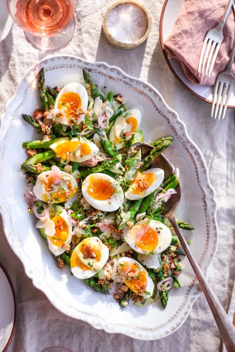 Jammy Egg and Asparagus Salad Blanched Asparagus, Tarragon Dressing, Jammy Eggs, Pickled Shallots, Asparagus Seasoning, Asparagus Salad, Green Veggies, Soft Boiled Eggs, Spring Salad