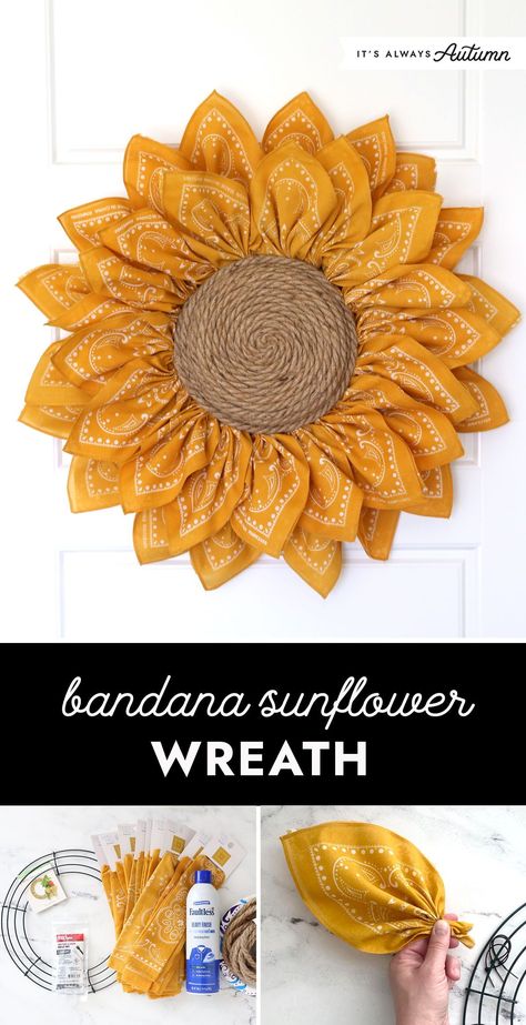 Sunflower Wreath Diy, Bandana Wreath, Sunflower Crafts, Easy Diy Wreaths, Adornos Halloween, Sunflower Wreath, Fall Crafts Diy, Furniture Small Spaces, The Sunflower