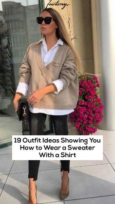 Sweater Over White Shirt Outfit, Sweater On White Shirt, Jeans Shirt And Sweater Outfit, Oversized Sweater Shirt Outfit, Sweater And Shirt Outfits Women, Winter Outfits With Shirts Women, How To Wear Collared Shirt Under Sweater, Sweater Shirt Combo Women, Shirt Inside Sweater Outfit