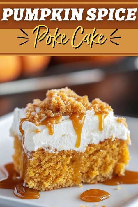 Soft, spiced, and irresistibly sweet, this easy caramel pumpkin spice poke cake combines the cozy flavors of fall with creamy caramel in every bite. Spice Poke Cake Recipes, Spice Cake With Pumpkin, Pumpkin Spice Poke Cake, Spice Poke Cake, Pumpkin Spice Cake Recipe, Fall Desserts Pumpkin, Pumpkin Poke Cake, Thanksgiving Baking, Caramel Pumpkin