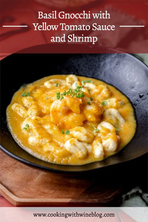 A delicious homemade basil gnocchi recipe in a luscious yellow tomato sauce with shrimp! Check out this recipe! Yellow Tomato Sauce Recipes, Yellow Tomato Recipes, Yellow Tomato Sauce, Italian Mains, Basil Gnocchi, Gnocchi Recipe, Tomato Basil Pasta, Yellow Tomatoes, Homemade Gnocchi