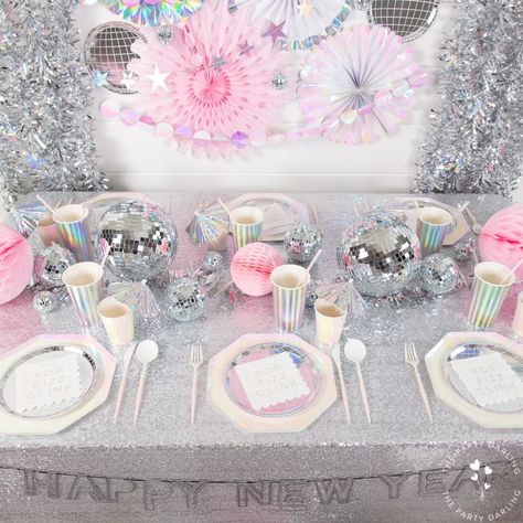 New Year's Eve Party Idea: Pink and Silver | The Party Darling Blog Barbie New Years Eve Party, Disco Party Table Decorations, Disco Party Table, Holographic Party, Mommy Duties, Nye 2023, Kids New Years Eve, Taylor Swift Birthday Party Ideas, Swift Party