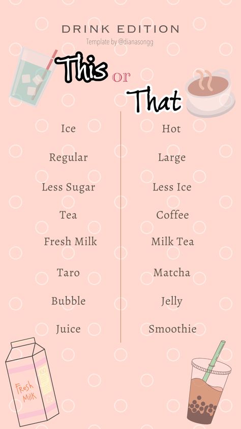 This or That Template - Drink Edition ❤️ #template #instagram #story #instagramstories #thisorthat #drink #drinktemplate This Or That Bestie Edition, This Or That Coffee Edition, This Or That Spring Edition, Sleepover Questions, This Or That, Ide Journal, Insta Games, Family Conversation Starters, Bridal Party Gift Bag