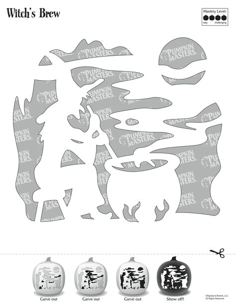 Pumpkin Masters carving tools and patterns are the perfect asset for carving novices and experts alike. To use this Witch's Brew pattern, click on the image and print the image that appears. Halloween Carving Templates, Pumpkin Masters Stencils, Witch Pumpkin Carving Templates, Pumpkin Masters Patterns, Witch Pumpkin Carving Stencils, Witch Pumpkin Stencil, Printable Pumpkin Patterns, Pumpkin Carving Templates Free, Disney Pumpkin Stencils