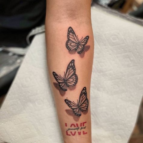 A Name Tattoo, Name Tattoo On Hand, Name Tattoos On Arm, Butterfly Name Tattoo, 3 Butterflies, Hand Tattoos For Girls, Butterfly Tattoos For Women, Snakebites, Pretty Tattoos For Women