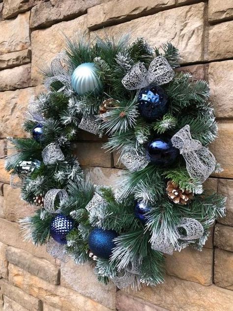 Silver Blue Christmas Color Combinations, Winter Inspired Holiday Decor Ideas Silver Christmas Wreaths, Light Blue Ornaments, Blue Christmas Wreaths, Wreath Flocked, Light Blue Christmas, Blue Christmas Tree Decorations, Blue Ornaments, Coastal Crafts, Front Door Christmas Decorations