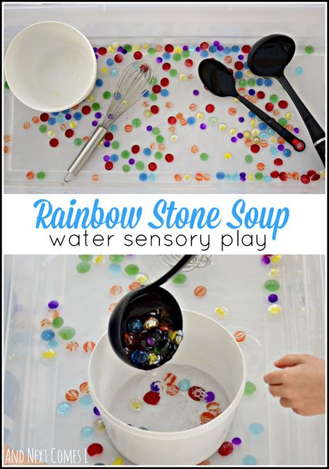 Rainbow stone sensory soup: fine motor water sensory play for toddlers and preschoolers from And Next Comes L Toddler Experiments, Water Sensory Play, Sensory Play For Toddlers, Kindergarten Sensory, Sensory Play Toddlers, Preschool Sensory, Sensory Tubs, Sensory Ideas, Story Stone