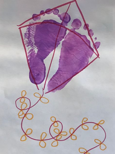 Foot Print Kite K Is For Kite Footprint, Kite Crafts For Toddlers, Spring Footprint Art For Infants, Kite Craft For Toddlers, April Footprint Art, Spring Crafts For Babies, April Handprint Art, Handprint Snowflake, Kite Activities