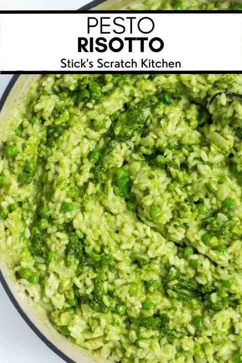 This vibrant pesto risotto pairs bright and herby pesto sauce with creamy risotto, fresh basil, Parmesan cheese, and green peas. It's the perfect springtime dinner for the family, for entertaining guests, or just for a low-fuss weeknight meal. #risotto #pestorisotto #risottorecipe #weeknightdinner #easydinner #familydinner #dinnerrecipe Pesto Risotto Recipes, Pesto Risotto, Creamy Risotto, Pea Pesto, Risotto Rice, Kale Pesto, How To Make Pesto, Risotto Recipes, Pesto Sauce