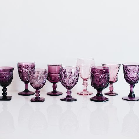 PRESSED GLASSWARE // PURPLE An assortment of varying pressed glass pattern goblets made of milk glass. Classically vintage in style. Rental Price: $3.05 Goblet:  6-8oz Color: Purple   **A {bb} CURATED ASSORTMENT. Pressed Glassware, Unique Flatware, Flatware Design, Fenton Glassware, Luxury Tableware, Colored Glassware, Wine Glass Set, Wine Goblets, Art Glass Vase